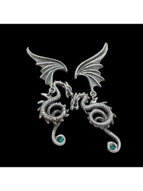 Alchemy Gothic England Pewter Dragon Earrings Dangle w/Green Stone